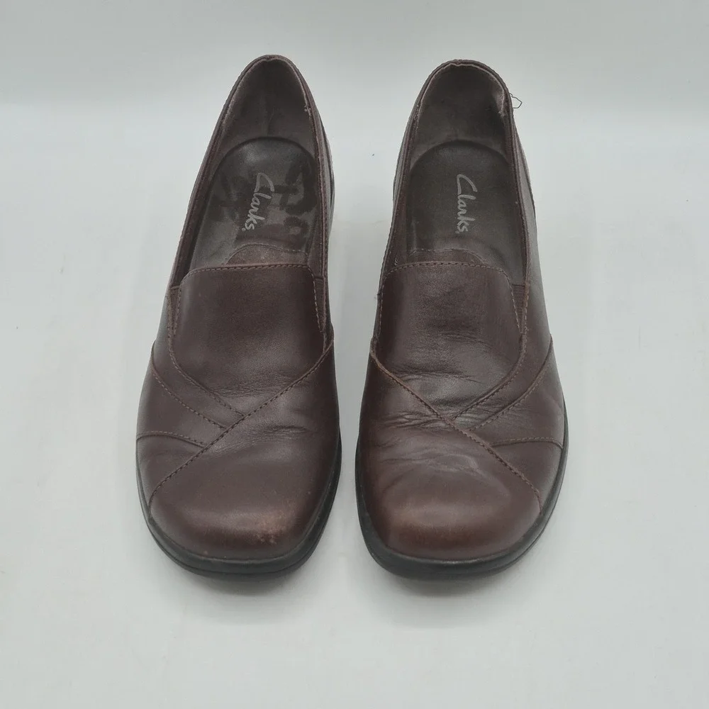 Clarks Shoes Womens Size 7.5M Brown Leather Slip On Wedge Comfort‎ Loafers